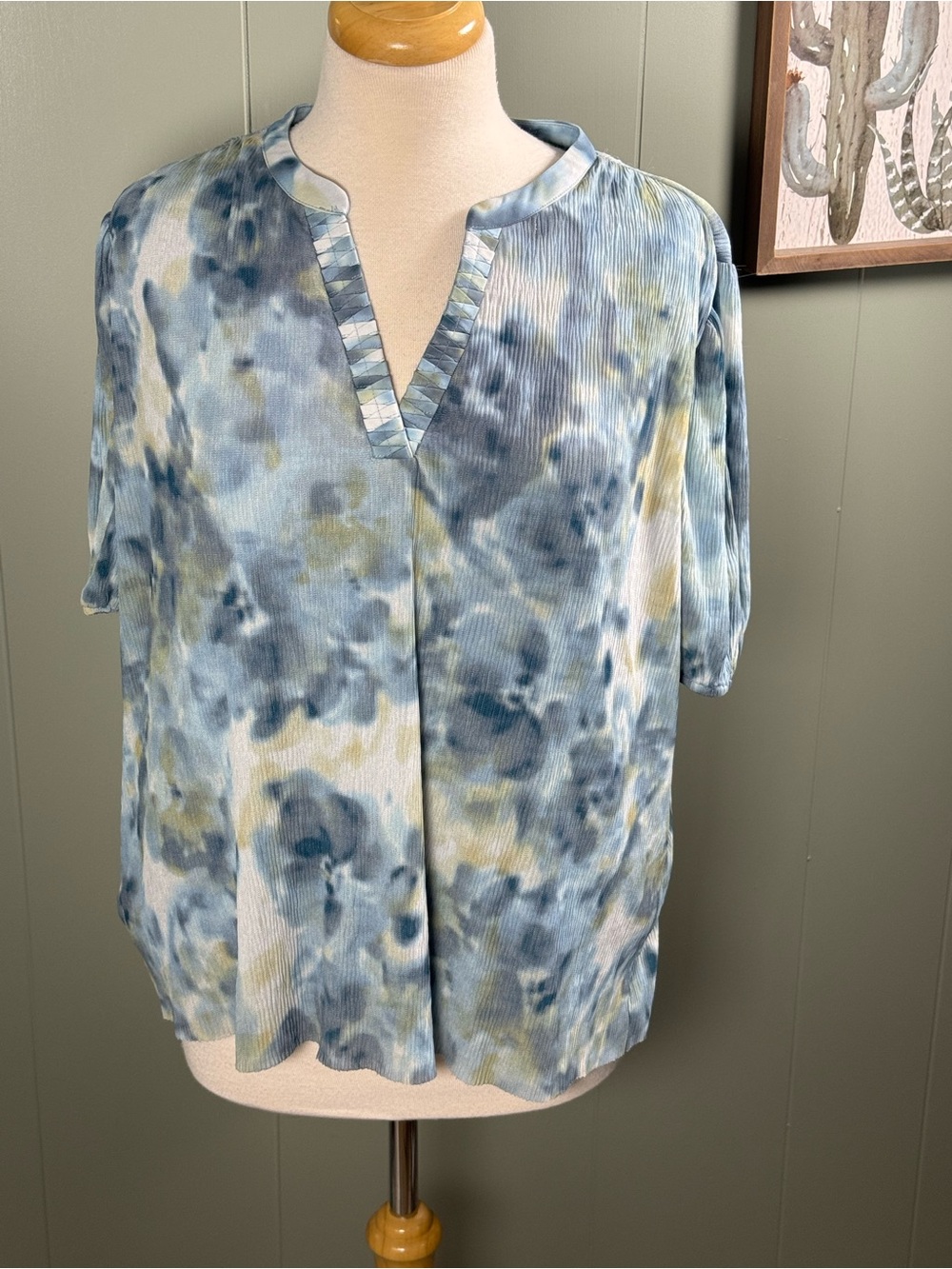 Daniel Rainn Blue green Cream Watercolor Notch-Neck Short Sleeve Blouse Size XL
